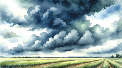 Wall Mural - The Gathering Storm: A watercolor depicting the gathering of a storm, with dark clouds filling the sky and casting long shadows across the landscape. Stormy sky. Illustration. Art. Drawing. 1