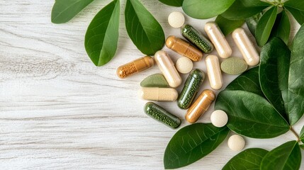 Natural herbal supplements and green leaves on white wooden background, showcasing holistic health approach with plant-based capsules and tablets.