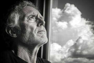 A middle-aged man looking out a window at a cloudy sky, a sense of finality and contemplation in his posture