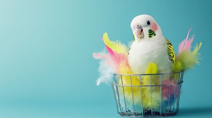 A playful parakeet nestled in a small wire basket filled with colorful feathers, placed against a sky blue studio backdrop with gentle light, copy space, playful bird portrait