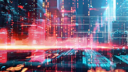 Poster - futuristic digital cityscape neon lights and data streams illuminate innovation and technology, evok
