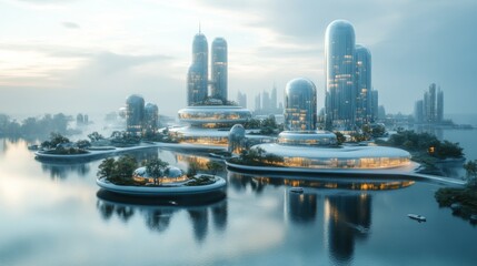 Aufkleber - A cutting-edge cityscape showcases modern architecture with smooth, rounded structures enveloped by water, surrounded by lush greenery at dawn. The atmosphere is tranquil.