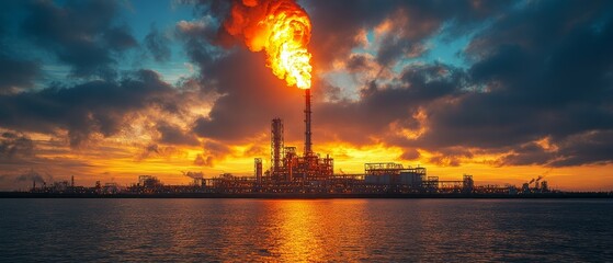 A refinery tower emitting smoke at sunrise, reflected in still waters. The warm sky contrasts with the industrial landscape, emphasizing pollution.