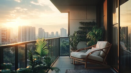 Serene balcony provides a peaceful escape from the bustling city below as the sun sets