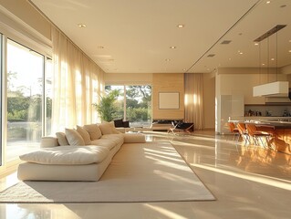 elegant beige living room filled with natural light streaming through large windows, showcasing a sleek dining area and a cozy resting space, inviting relaxation and warmth