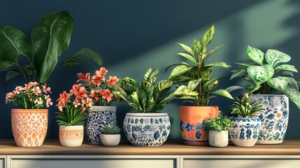 Vibrant collection of houseplants in decorative pots arranged on wooden surface against teal wall, showcasing diverse foliage and colorful ceramic planters.