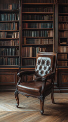 Poster - Classic Wooden Chair in Old-Fashioned Library Setting  