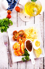 Canvas Print - Grilled shrimps with greens and corn porridge