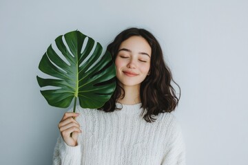 Poster - A woman holds a large green leaf in front of her face, concealing her identity