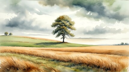 Wall Mural - A lone tree stands tall against a dramatic sky, overlooking a vast field of wheat, a sentinel of the countryside. Watercolor Illustration. Drawing. Art. 5