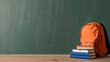 © Anuyj - books on table and background for studying, learning and research in education, Orange school bag blurred background