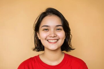 A happy woman wearing a red shirt smiles directly at the camera