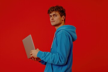 Poster - a person working on their laptop while wearing a blue hoodie, great for remote work or tech-related 