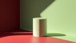 © Hikmet - A light green 3D cylinder sits on a red and green floor, casting a shadow. This simple scene is perfect for displaying Christmas products.