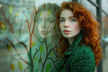 Wall Mural - A woman with bright red hair standing in front of a window, looking outside