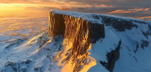 Wall Mural - A dramatic view of a snow-covered mountain peak at sunrise, with golden light illuminating the rocky cliffs. The surrounding landscape is blanketed in fresh snow, creating a breathtaking sight.