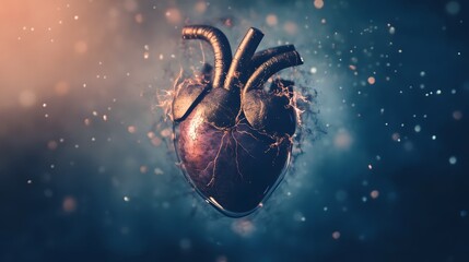 Poster - A 3D rendering of a metallic heart surrounded by glowing particles.