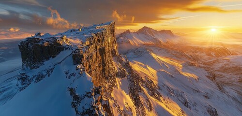 Wall Mural - A dramatic view of a snow-covered mountain peak at sunrise, with golden light illuminating the rocky cliffs. The surrounding landscape is blanketed in fresh snow, creating a breathtaking sight.