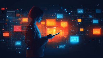 Poster - A user interacts with a device amidst vibrant data representations and connections in a digital landscape