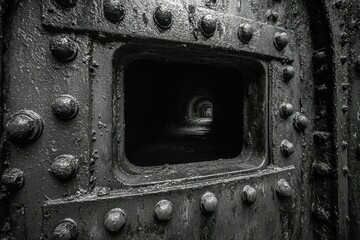 A close-up shot of a heavy metal door, partially open, revealing a dark, empty room beyond, symbolizing mystery and the unknown.