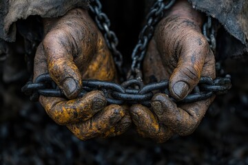 A close-up shot of a prisoner's hands, shackled together with heavy iron chains, highlighting the theme of confinement and loss of freedom.