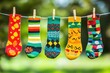 © PerfectPix - Colorful Display of Unique Socks Hanging on a Line in Nature Perfect for Fashion and Lifestyle Inspiration
