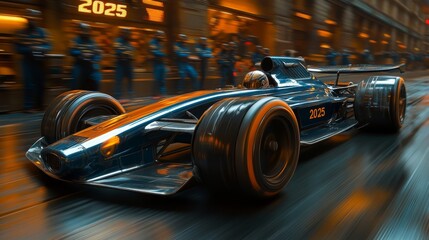 Aufkleber - A sleek racing car with a vibrant blue finish accelerates through a bustling pit stop, surrounded by teams of mechanics under bright neon lights at dusk in 2025.