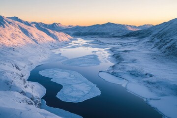 Wall Mural - A pristine snowy mountain landscape at sunrise, with icy lakes and frozen rivers running through the valleys, all bathed in the warm light of dawn.