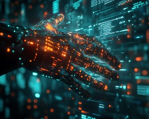 Poster - Dynamic image of a digital hand controlling data streams, symbolizing the fusion of AI and video production, modern and captivating