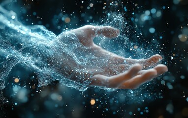 Poster - Engaging artwork of a digital hand manipulating flowing data, emphasizing AIdriven video generation and automated production processes