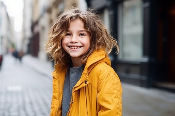 Portrait of a cute smiling little girl in yellow jacket on the street