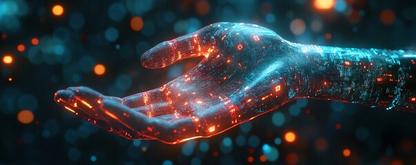 Poster - Futuristic scene of a digital hand interacting with animated data streams, highlighting the concept of AIdriven video production and automation