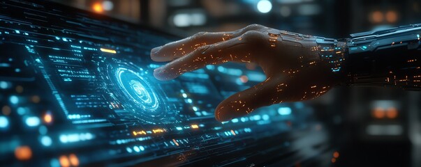Poster - Futuristic scene of a digital hand interacting with animated data streams, highlighting the concept of AIdriven video production and automation