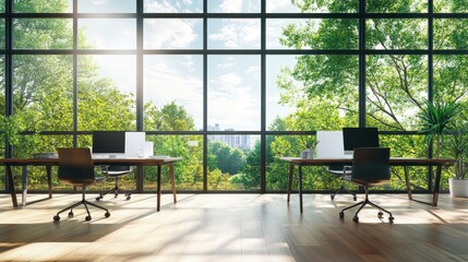 Poster - Contemporary office space with tables and office chairs set on parquet floors, opening up to garden views.
