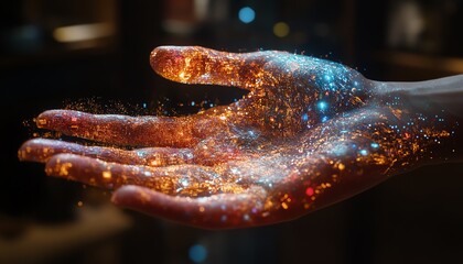 Poster - Intriguing visualization of a hand made of digital elements engaging with data streams, representing automated video generation and AI technology