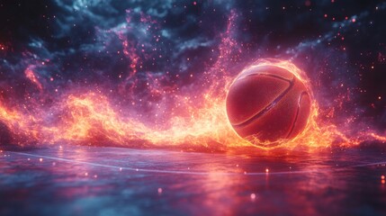Poster - A basketball radiates vibrant colors while engulfed in flames, creating a striking contrast against a dark, cosmic background, showcasing the energy of the sport.