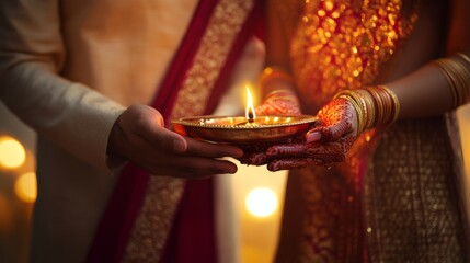 Wall Mural - A couple holding a lit candle in a gold bowl