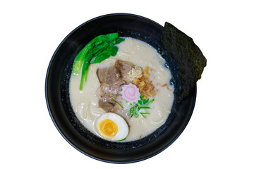 Wall Mural - Top view of Tonkotsu Ramen with boil egg, focus selective