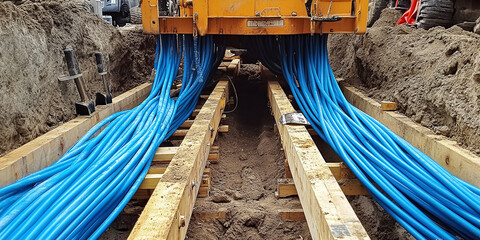 Multiple blue fiber optic cables are laid in a trench, representing high-speed internet infrastructure and the future of digital connectivity and communication technology
