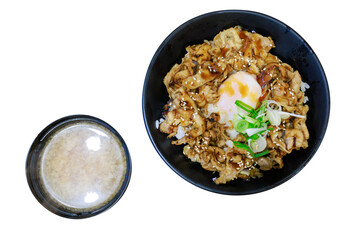 Wall Mural - Top view of Grilled Pork Rice Bowl, focus selective