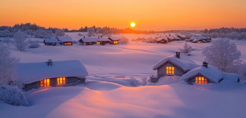 Wall Mural - A serene winter sunset over a snow-covered village, with glowing windows reflecting the soft orange light of the setting sun as the snow blankets the surrounding fields.
