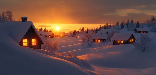Wall Mural - A serene winter sunset over a snow-covered village, with glowing windows reflecting the soft orange light of the setting sun as the snow blankets the surrounding fields.