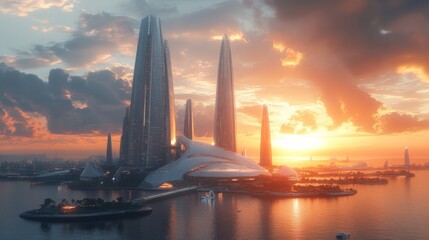 Aufkleber - A breathtaking view of a futuristic skyline at sunset showcases towering structures along the waterfront, illuminated by warm, vibrant colors and dramatic cloud formations.