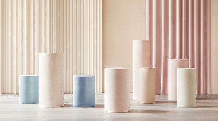Poster - A group of cylindrical stands in beige, blue, soft pink, and white are arranged in pastel-colored rooms.These 3D models are perfect for displaying products or showcasing items in a minimalist setting.