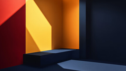 Poster - A colorful, 3D room with a yellow, dark blue, and red stand for displaying products. The simple design uses geometric shapes and shadows to create a modern and minimal look.