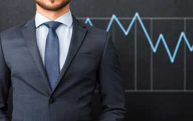 Poster - A confident businessman standing in front of a fluctuating graph, illustrating concepts of finance, investment, and market trends in a modern office.