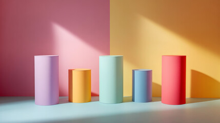 Poster - Four colorful cylinder stands in pastel rooms. They're perfect for showcasing products in a modern, minimal way.