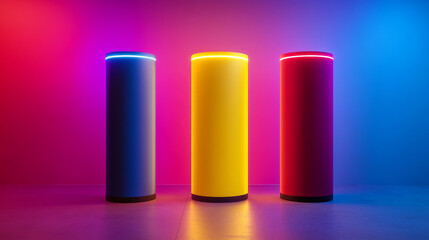 Poster - Three colorful cylinders, yellow, dark blue, and red, stand in a simple room with glowing neon lights. This minimal design is perfect for showcasing products or displaying items.