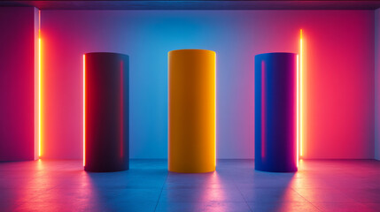 Poster - Three colorful cylinders, yellow, dark blue, and red, stand in a simple room with glowing neon lights. This minimal design is perfect for showcasing products or displaying items.
