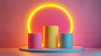 Poster - Three colorful cylinders, yellow, blue, and pink, stand on a stage with a glowing circle behind them. This simple setup is perfect for showcasing products or creating a modern, minimalist display.